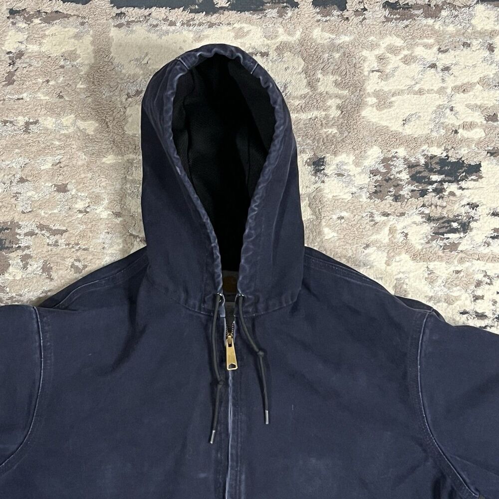 Vintage Carhartt Faded Navy Hooded Thermal Lined Canvas Jacket J25MDT Sz L Tall - Picture 10 of 15